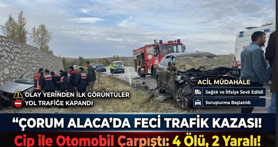 Çorum Alaca'da Feci Trafik Kazası: Cip ile Otomobil Çarpıştı 4 Ölü, 2 Yaralı!