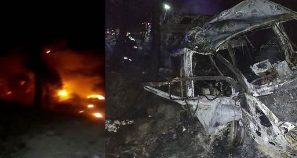 Adana’da uçuruma devrilen minibüs yandı